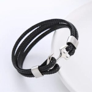 Brazalete cuero ancla silver